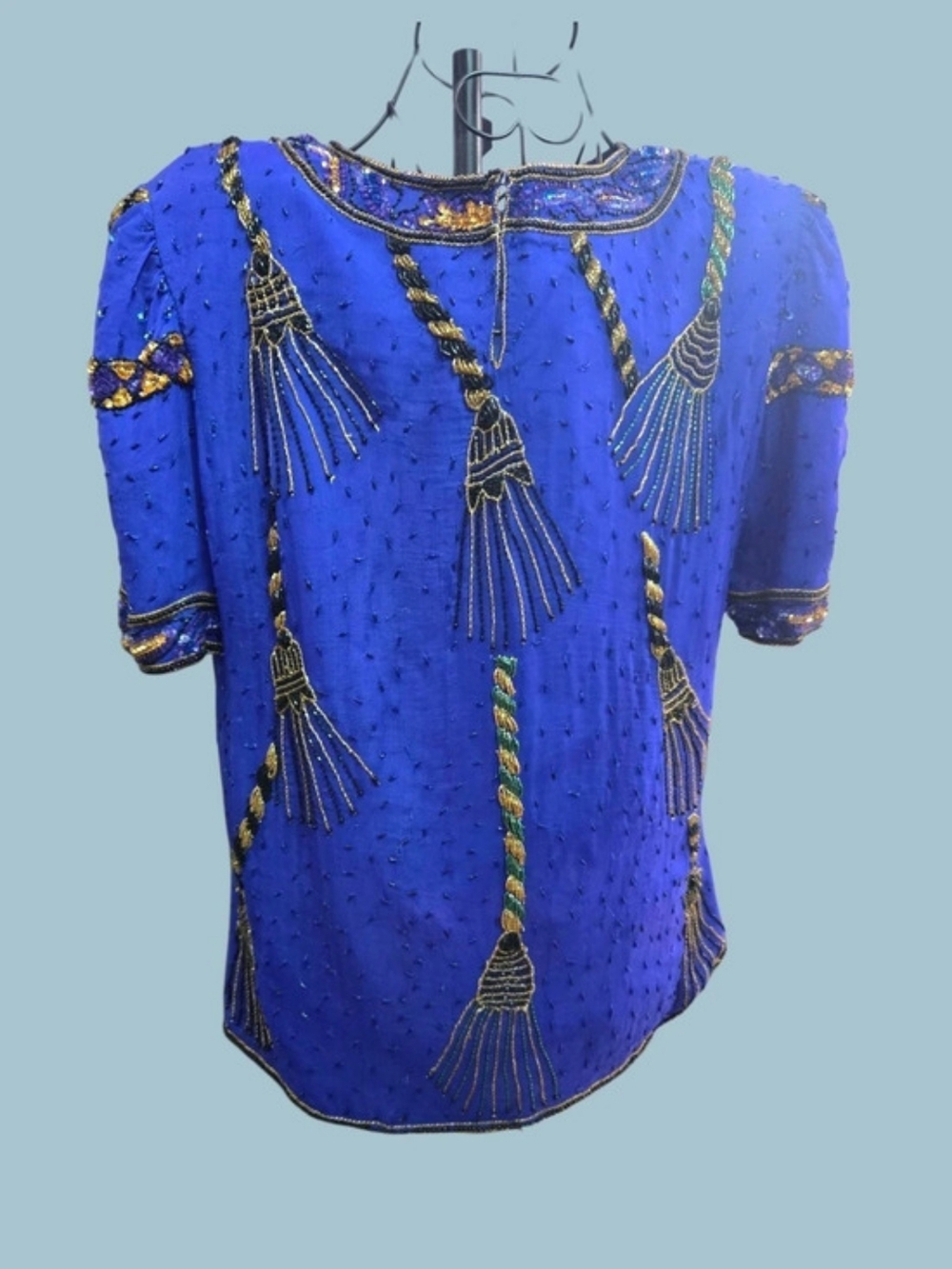 Lawrence Kazar Embellished Short Sleeve Blouse in Blue & Gold